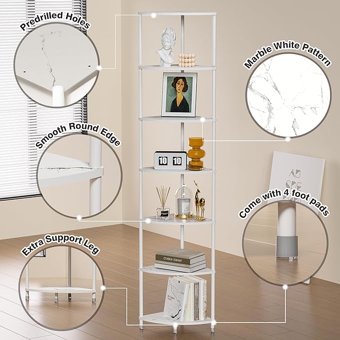 7 Tier Corner Shelf Stand Kitchen Organizer with Metal Frame for Organization & Storage Corner Shelves Kitchen Decor Accessories Marble White 64.7"
