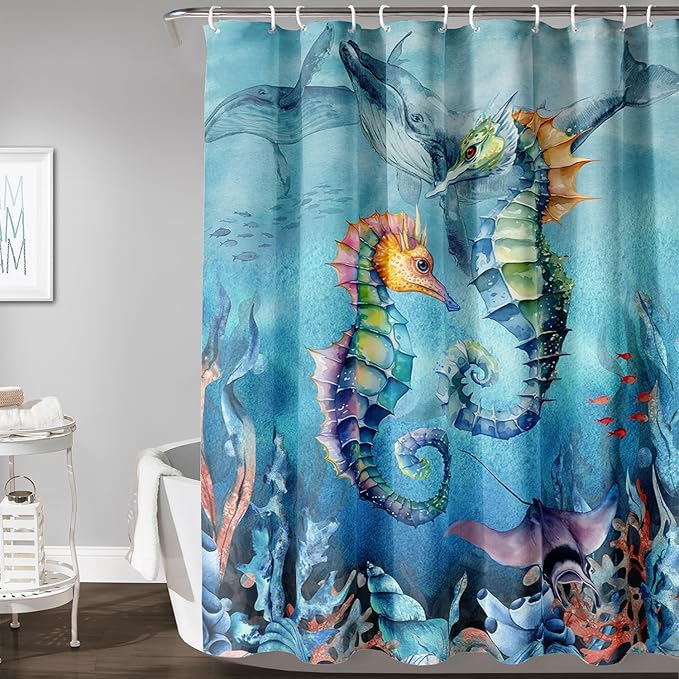 AILONEN Seahorse Shower Curtain for Bathroom,Watercolor Seahorse Bath Curtain,Blue Ocean Animal Whale Coral Fish Shower Curtain Waterproof with 12 Plastic Hooks, 48" W*72" H