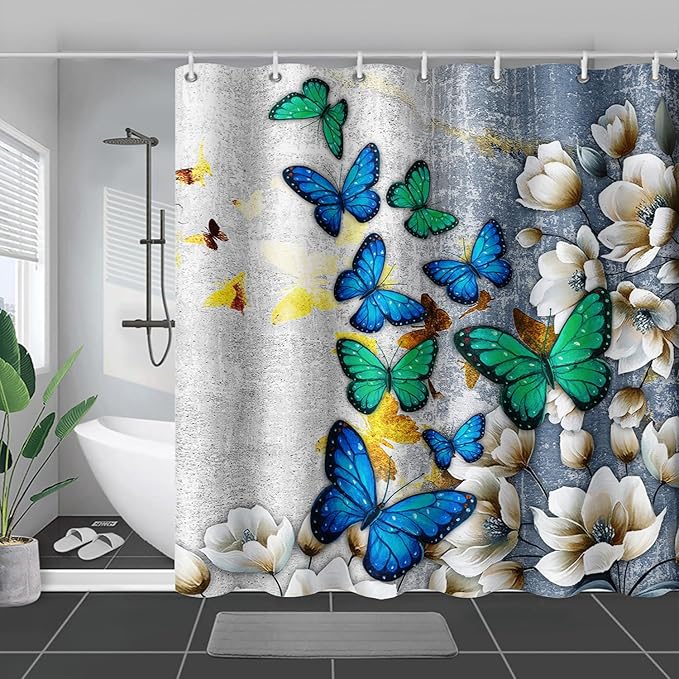 AILONEN Colorful Butterfly Shower Curtain for Girls Women Retro Flower Butterfly Bathroom Decor,Flying Butterfly Vintage Bath Curtain 72" W*78" H Polyester Waterproof Bathroom Curtain with 12 Hooks