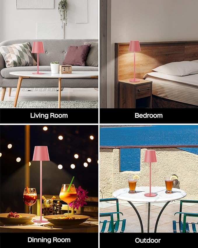 JACKYLED Cordless Table Lamps Rechargeable, 3 Adjustable Height, 5000mAh Battery Operated, 3 Colors Smooth Dimming, Portable LED Waterproof Table Lamp for Dining, Bedroom, Outdoor (2 Pack-Girly Pink)