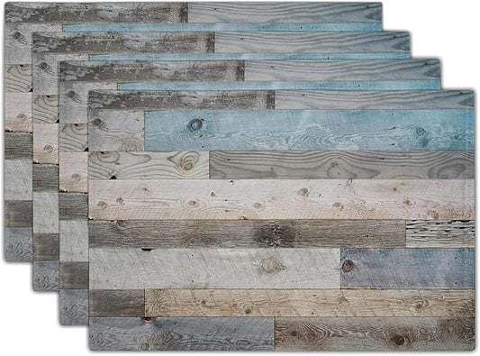 Giwawa Rustic Wood Grain Placemats Set of 4, Vintage Barn Wooden Linen Table Mat, Farmhouse Country Style Lodge Heat Resistant Washable Place Mats for Dining Kitchen Party Holiday Decor 12x18Inch