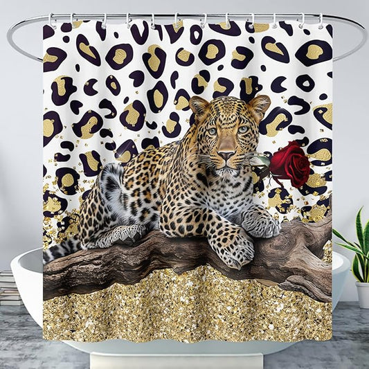AILONEN Leopard Shower Curtains for Bathroom,Rose Leopard Bath Shower Gifts for Lover,Wild Animal Curtains Polyester Waterproof with 12 Plastic Hooks 72" W*96" H