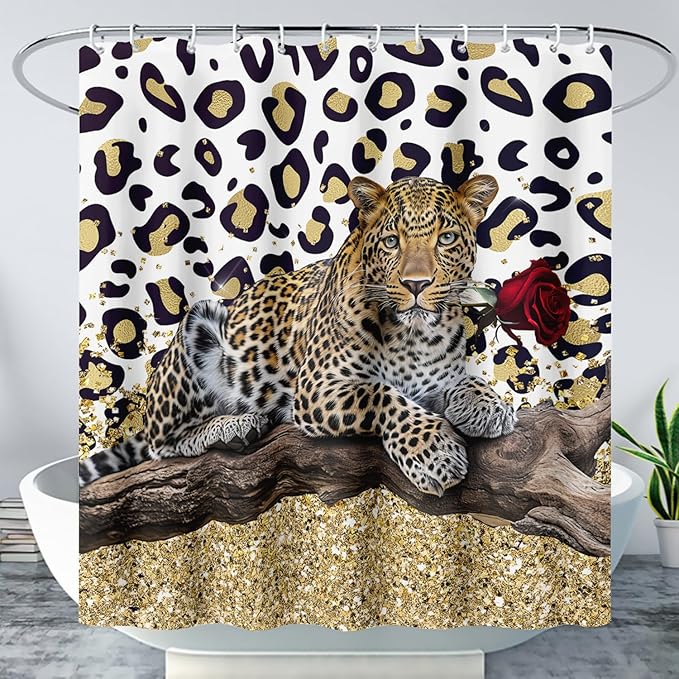 AILONEN Leopard Shower Curtains for Bathroom,Rose Leopard Bath Shower Gifts for Lover,Wild Animal Curtains Polyester Waterproof with 12 Plastic Hooks 72" W*78" H