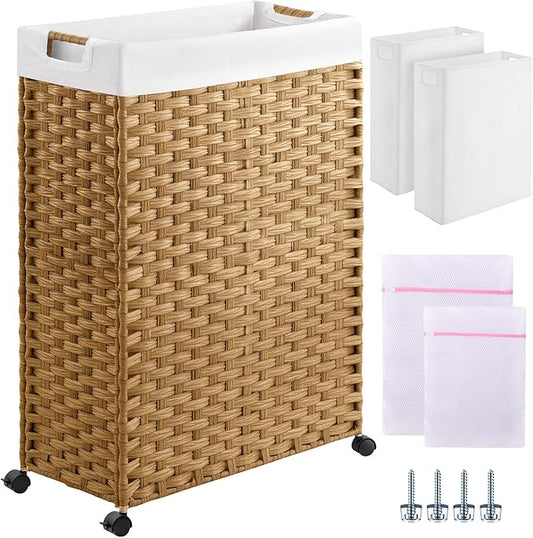 Greenstell Laundry Hamper with Wheels & Handles, 26.4 Gallon (100L) Slim Laundry Basket with 2 Removable Liner Bags & 2 Mesh Bags, Foldable Narrow Clothes Hamper for Bedroom, Bathroom, Closet, Natural