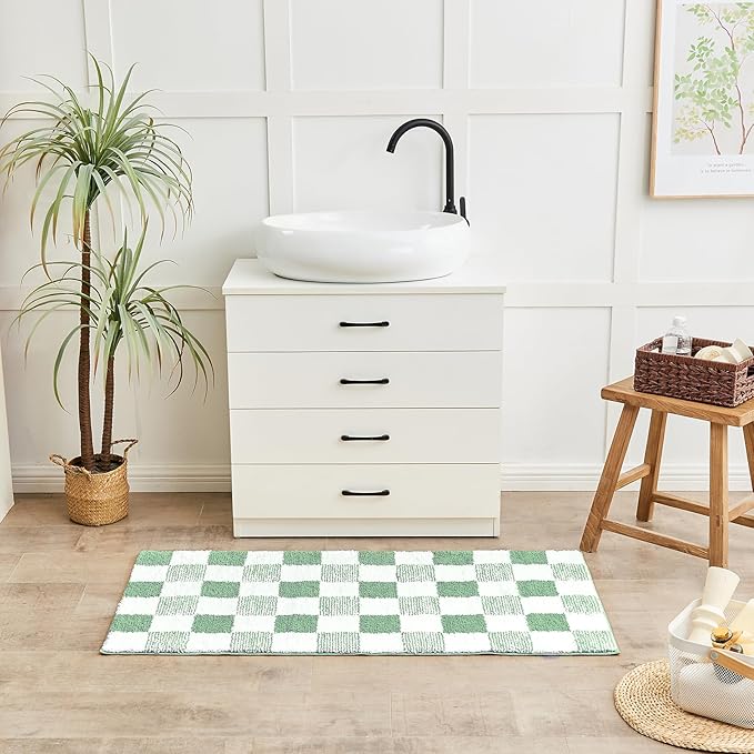 CozeCube Checkered Bath mats Non Slip, Fluffy Absbent Microfiber Bath mat Washable, Aesthetic Bathroom Rugs, Large Bath mat for Bathroom Floor, Sage Green, 36"X24"