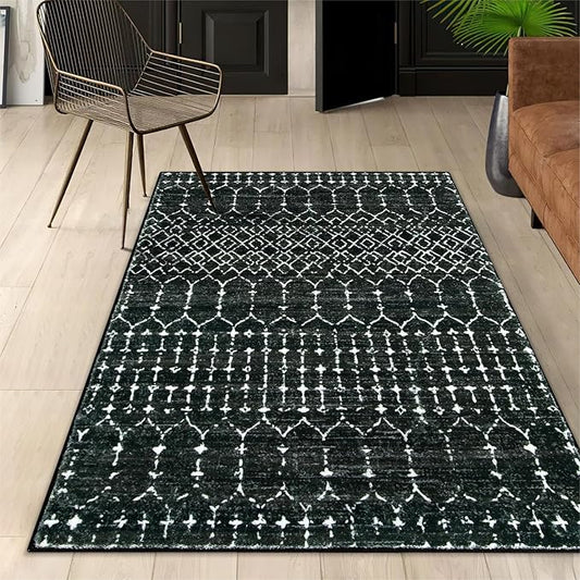 Lahome Moroccan Black Area Rug for Living Room - 3x5 Non-Slip Washable Stain Resistant Large Kitchen Rugs Throw Low-Profile Soft Bedroom Carpet Geometric Print Distressed Rug for Entryway Dining Room
