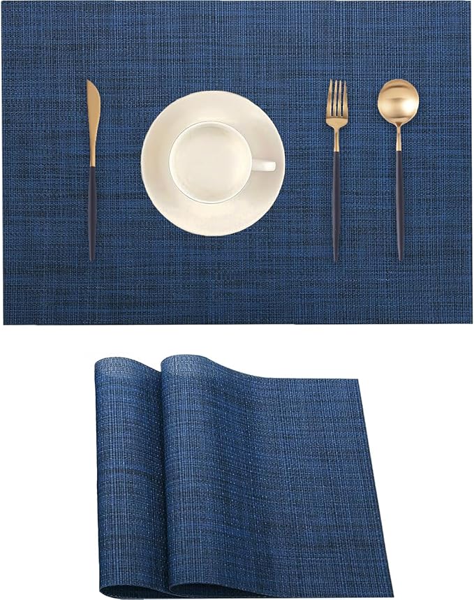 Navy Blue Placemats Set of 2 - Heat Resistant Non-Slip Place mats for Dining Table, Washable Durable PVC Vinyl Woven Table Mats (Navy Blue, 2)