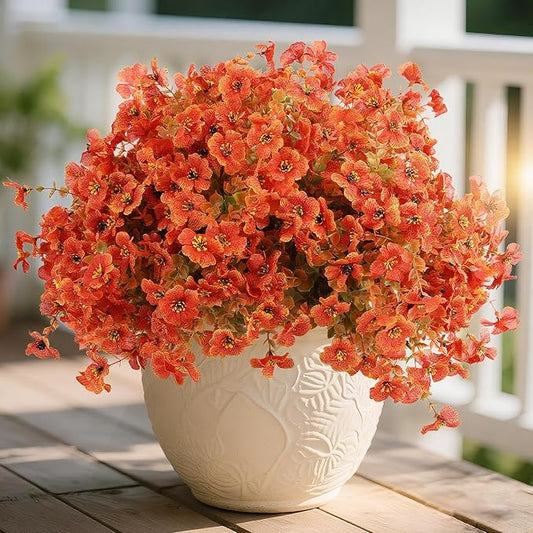 14 Bunch Outdoor Artificial Flowers with Plastic Plants Eucalyptus Faux Flowers, Outdoor Front Porch Hanging Planter Window Frame Garden Decor (Orange)