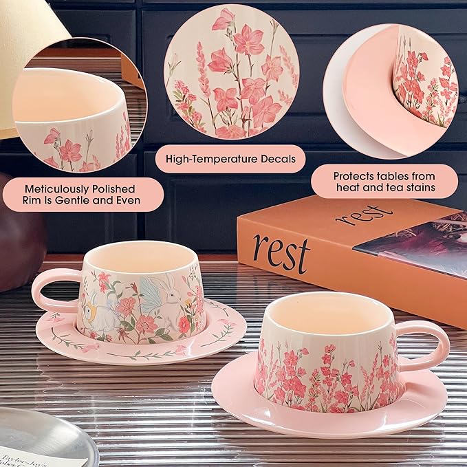 Pink Coffee Mug with Saucer Set, 9oz Pretty Ceramic Mugs with Floral Design, Elegant Flower Cup Perfect for Coffee Tea Cappuccino,Gift for Women, Mom, Friend, Mothers Day Gifts