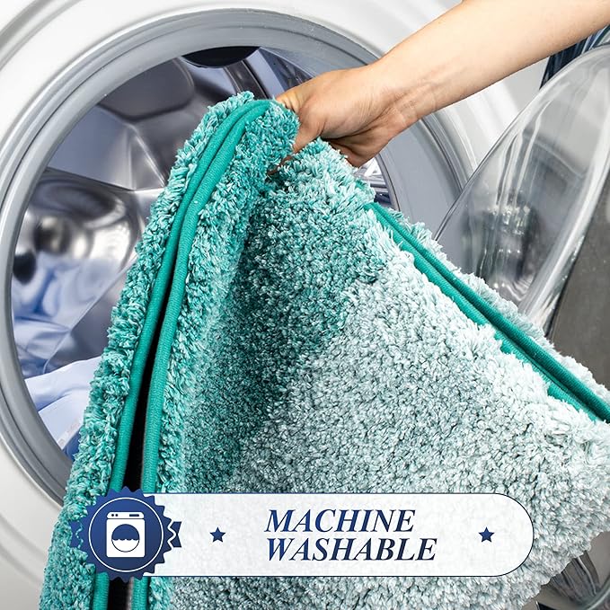 Walensee Contour Rug (20 x 24, Ombre Turquoise) Non Slip Water Absorbent Soft Microfiber Shaggy Bath Mat, Machine Washable U Shape Toilet Rug