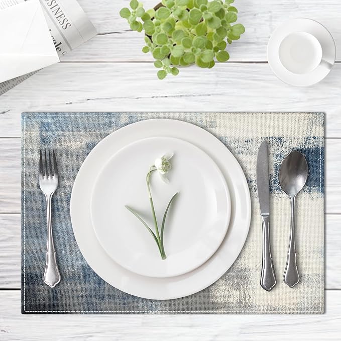 Emvency Farmhouse Placemats Set of 4, Vintage Blue and Grey Abstract Art Painting 12x18 Inch Table Mats for Outdoor Home Party Kitchen Dining Decoration