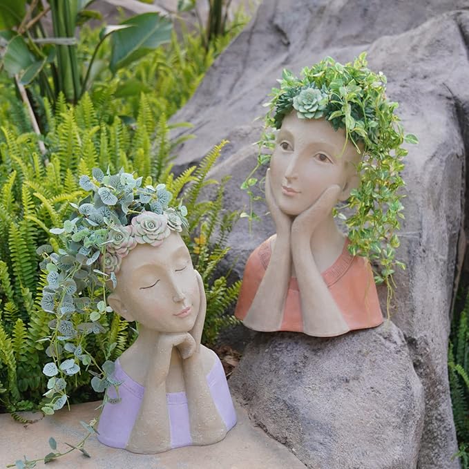 Head-Planter - Face Flower Pot - Succulent Planters - Drainage Hole - Garden Statue Flower Pots Cactus Resin Planter with Drainage Hole Garden Yard Farmhouse Décor 9.25*7*13.5 inch Newman House Studio