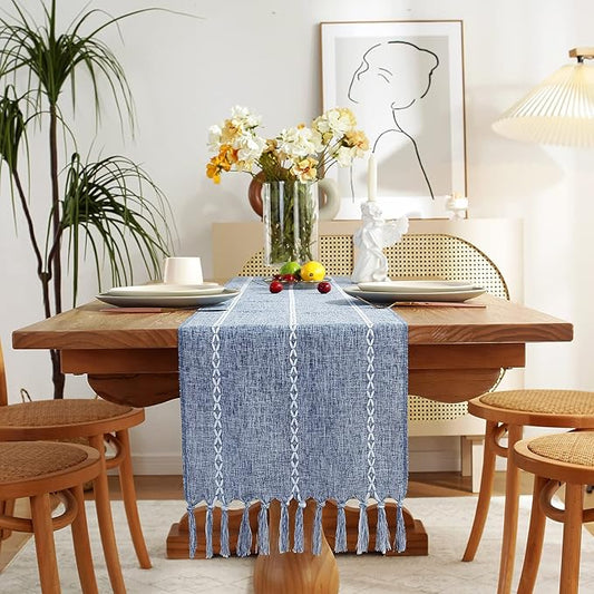 Rustic Farmhouse Style Linen Table Runner, Boho Handmade Tassel Embroidery Table Runners 48 Inches Long for Holiday Party, Dresser and Dining Decorations, 13 x 48 inch - Blue