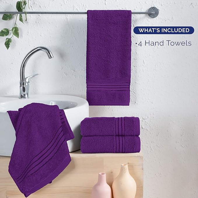 Elegant Comfort Premium Turkish Cotton 4 Pack Hand Towel Set - 16 x 28 inch, Luxurious Hotel Spa Quality 100% Turkish Cotton 4PC Hand Towel Set - Highly Absorbent - Soft Bathroom Towels, Purple