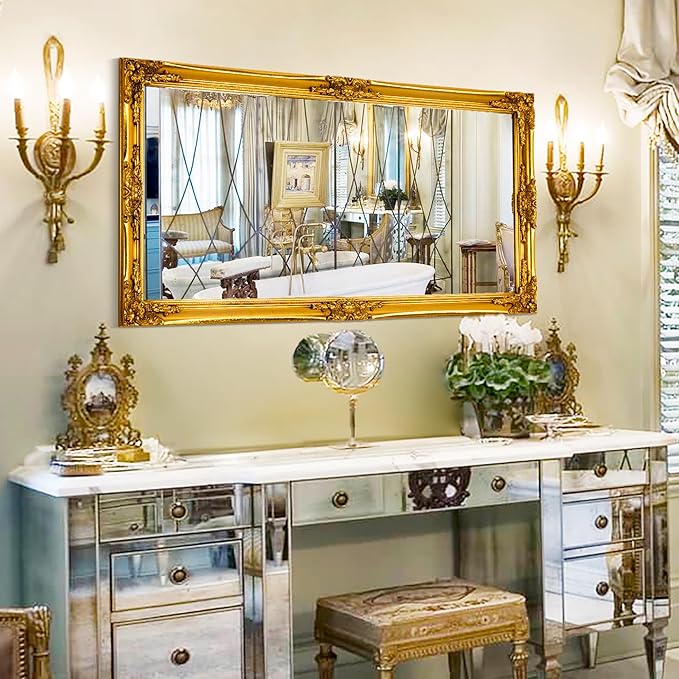 Chende 23" x 47" Gold Vintage Mirror for Wall, Decorative Wall Mirror with Wood Ornate Frame, Large Bathroom Mirror Wall Mounted, Elegant Gold Mirror for Entryway, Hallway, Home Office