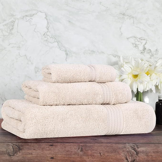 Superior Egyptian Cotton 3-Piece Towel Set, Assorted Towels for Home Bathroom, Master, Guest Bath, Decor Essentials, Includes 1 Bath, 1 Hand, 1 Face Towel/Washcloth, Quick Dry, Absorbent, Stone