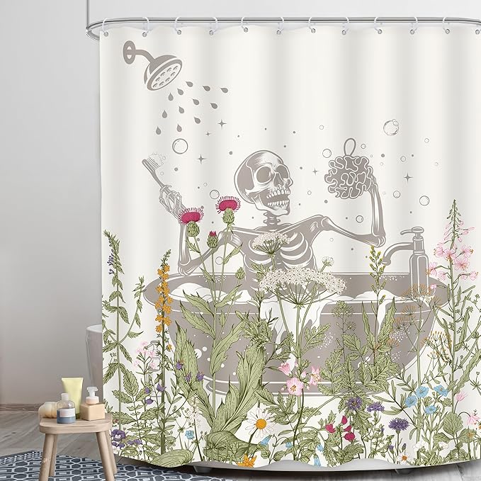 LGhtyro Funny Skull Halloween Wildflower Shower Curtain Bathroom Set 60Wx71H Inches Gothic Skeleton Floral Rustic Leaves in Bathtub Bath Accessories Spooky Cool Art Home Decor Fabric 12 Pack Hooks