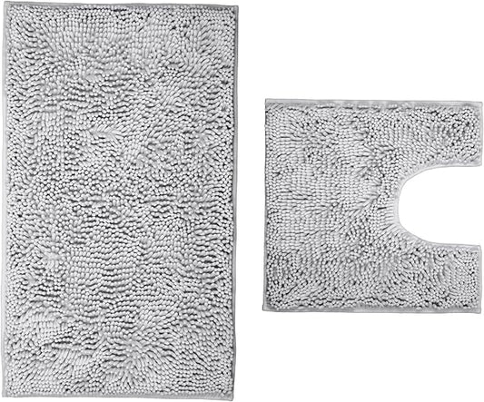 Light Gray Bathroom Rugs 2 Pieces Chenille Bath Rug Mat, Extra Thick and Soft Absorbent Bath Rugs, Machine Washable, Non-Slip Plush Bath Mats for Tub,(Light Gray, 32"x20"+U Shape 20"x20")