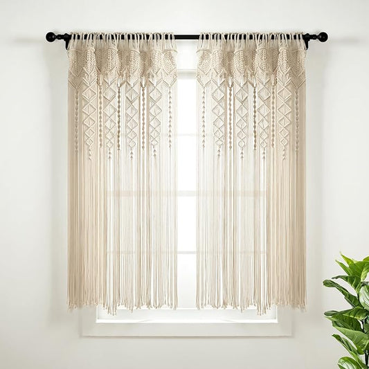 Lush Decor Boho Macrame Textured Cotton Window Curtain Panel, Single Panel, 40" W x 63" L, Neutral - Doorway Room Divider - Wedding Or Wall Decor - Boho Macrame Curtain
