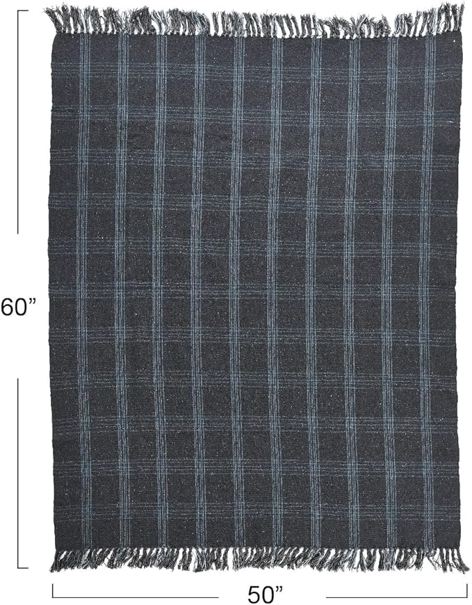 Creative Co-Op Recycled Cotton Blend Throw Blanket with Fringe, Grey Plaid