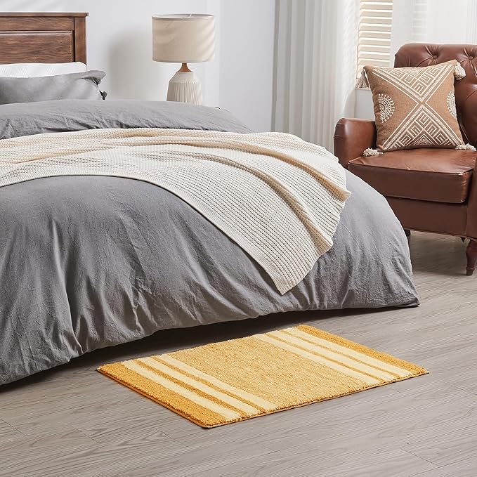 CozeCube Yellow Striped Bath mats for Bathroom Non Slip, Fluffy Absorbent Microfiber Bath mat Washable, Aesthetic Bathroom Rugs, Large Bath mat for Sink, 36" x 24"