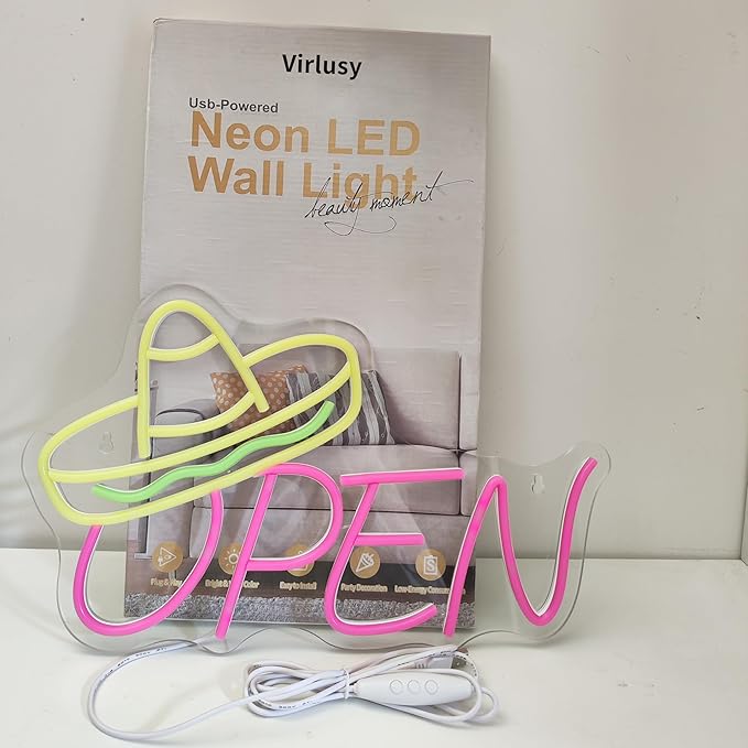 Open Neon Sign for Wall Decor Dimmable Led Lights Signs Open Signs for Business Yellow Neon Light Pink Room Decor for Tacos Shop Bar Party Stores Hotel Restaurant Gift USB Powered