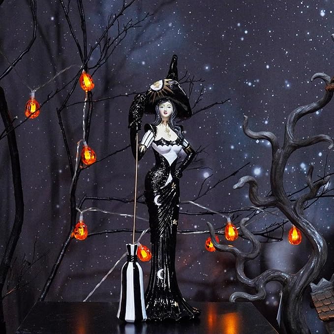 Newman House Studio Halloween Decoration Fairyland Witch Figurine - Magic Witch Holding Broom Dia De Los Muertos Day of Dead Resin Witch Statue Gothic Farmhouse Decor 4.25 * 3.5 * 12.75 in