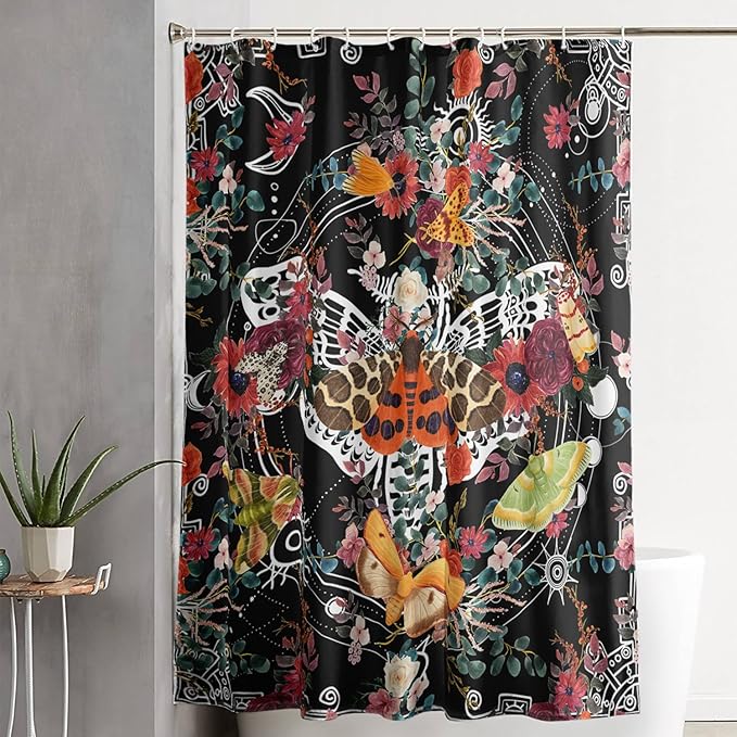 AILONEN Death Moth Shower Curtain,Sun Moon Shower Curtain Set for Kids Girls Boys,Boho Natural Plants Bathroom Decor Shower Curtain with 12 Hooks,72" W*84" H
