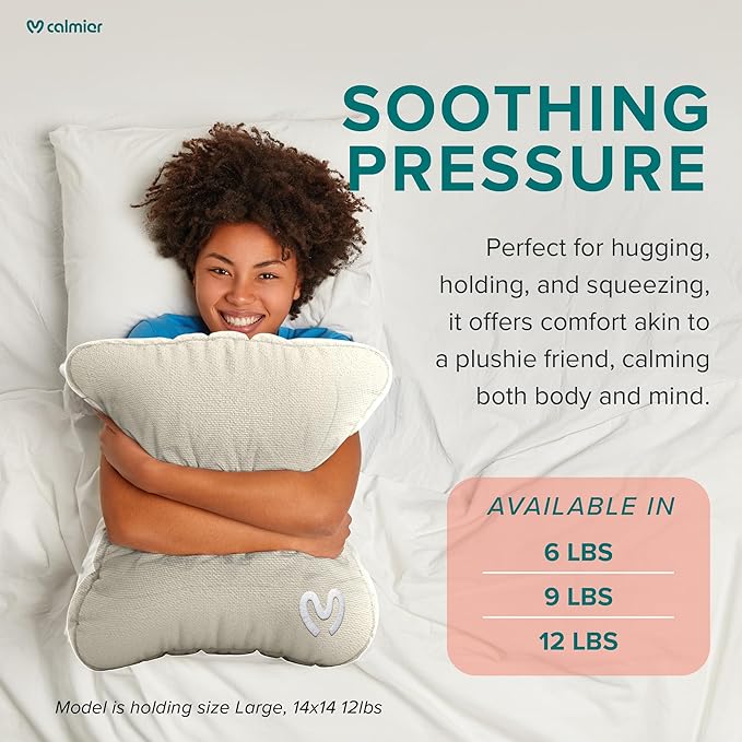 Calmier - Sensory Weighted Pillow - Glass Bead Filled Hug Pillow - Ultra Plush Cozy Weighted Pillows for Adults and Kids - Child Sensory Pillow - Weighted Lap Pad (Tan - Fleece, 12 LBS)