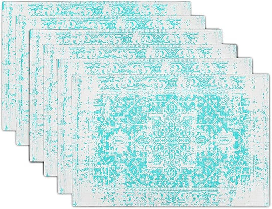 Gray Aqua Turquoise Boho Placemats Set of 6 Ethnic Bohemian Carpet Place Mats Washable Kitchen Dining Vintage Grey Floral Linen Table Mats Stain Heat-Resistant for Home Party Indoor 12x18 in