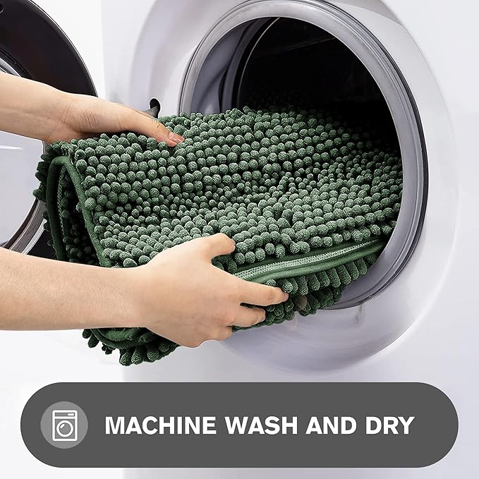 Dark Green Bathroom Rugs Sets 2 Piece – Absorbent and Washable Bath Mat, Non-Slip, Thick Soft Chenille Bath Rugs for Bathroom Floor, Shower, Sink - 20" x 32"+24" x 36"