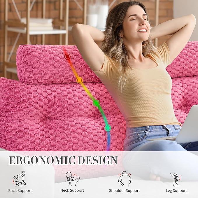 Wedge Headboard Pillow - Bed Wedge Pillow for Headboard Triangular Headboard Pillow with Neck Roll Pillow-Large Bolster Pillow for Sitting in Bed Backrest Positioning Support (Fushia,76x8x20 Inches)