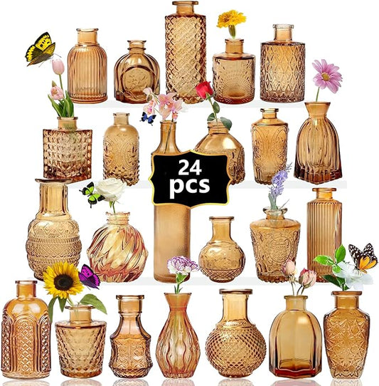Mini Bud Vases As Wedding Centerpieces for Tables,Clear Bud Vases for Flowers,Small Flower Vases Suitable for Birthday Party,Anniversary,Wedding Reception,Baby Shower (Amber, 24PCS)
