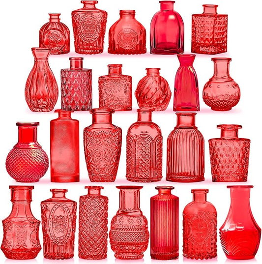 Red Glass Bud Vases Set, 24 Pcs Vintage Small Vases for Flowers, Crystal Mini Glasses in Bulk, Small Flower Design for Centerpieces Wedding Decorations Home Flower Party Decor