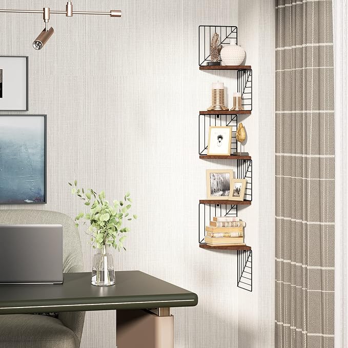 Love-KANKEI Corner Shelf Wall Mount of 5 Tier, Rustic Wood Floating Shelves Wall Shelves for Bedroom Living Room Bathroom Kitchen Office and More Dark Walnut
