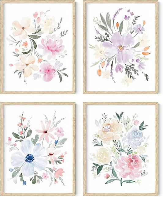 HAUS AND HUES Flower Wall Decor - Set of 4 Floral Wall Art, Floral Wall Decor, Flower Wall Art, Framed Flower Painting, Floral Pictures Wall Decor, Flower Pictures Wall Decor (Framed Beige, 11x14)