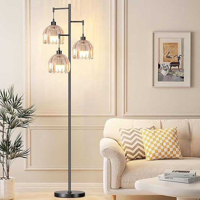 Gold Floor Lamp for Living Room,Bedroom,Tree 3 Light Standing Lamp Mid Century Modern Brass Tall Floor Lamps Vintage Retro Floor Lights Glass Flower Amber Lamp Shade Farmhouse Boho Bohemian