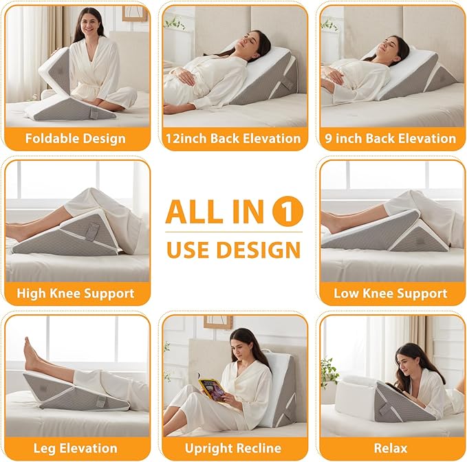 Bed Wedge Pillow for Sleeping, 9&12 Inch Wedge Pillow for Back Pain Relief, Adjustable 7-in-1 Memory Foam Triangle Pillow for Back and Leg Support, Acid Reflux, Snoring & Gerd, White/Grey