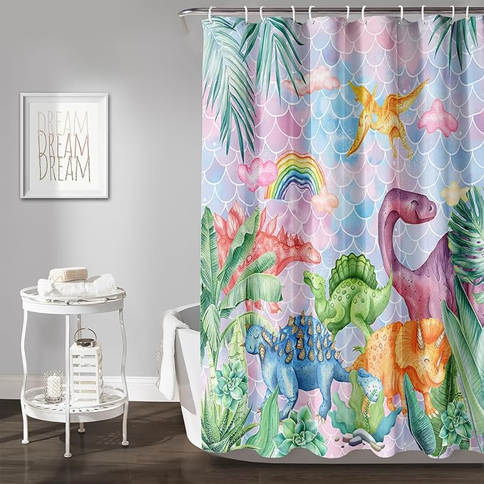 AILONEN Girls Dinosaur Shower Curtain 48" W*72" H for Bathroom,Cute Dinosaur Bathroom Shower for Kids Girls,Cartoon Dinosaur Rainbow Bath Curtain Polyester Waterproof Shower Curtain with 12 Hooks
