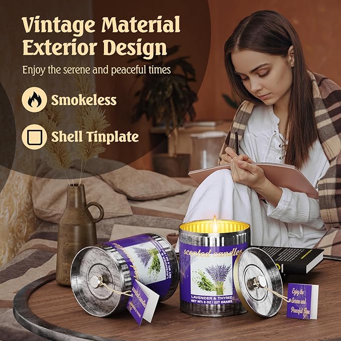 Vintage Scented Candles Gift Set (2 x 8 oz) - Lavender & Thyme Aromatherapy Candle, Natural Soy Wax Candle, (2 x40) Hours Burn, 8% Fragrance Oil, Holiday Gifts for Home Decor, Relaxation & Christmas