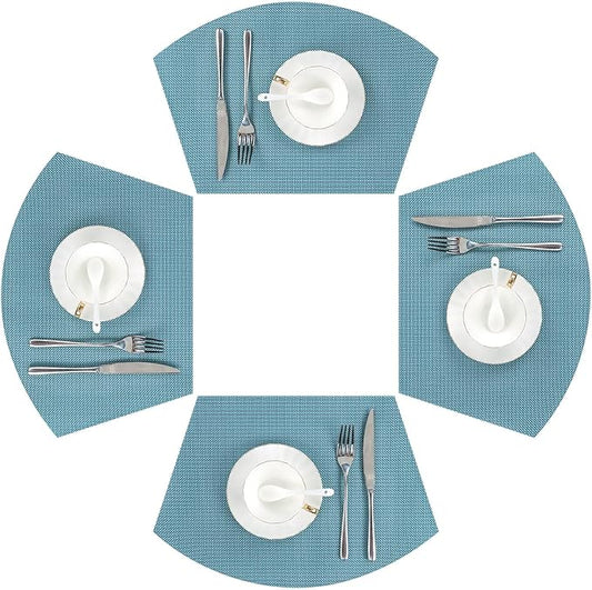 SHACOS Round Table Placemats Set of 4 Small Wedge Placemat Wipe Clean Heat Resistant Woven Vinyl Round Table Mats (4, Gray Blue)