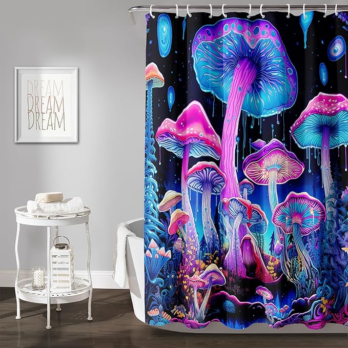 AILONEN Mushroom Shower Curtain for Bathroom, 3D Oil Painting Mushroom Bath Curtain,Blue Purple Fairy Fantasy Fungus Botanical Decoration Waterproof Curtain with 12 Plastic Hooks, 72" W*84" H