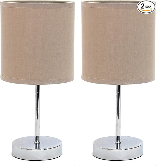 Simple Designs LT2007-GRY-2PK Chrome Mini Basic Table Lamp with Fabric Shade 2 Pack Set, Gray