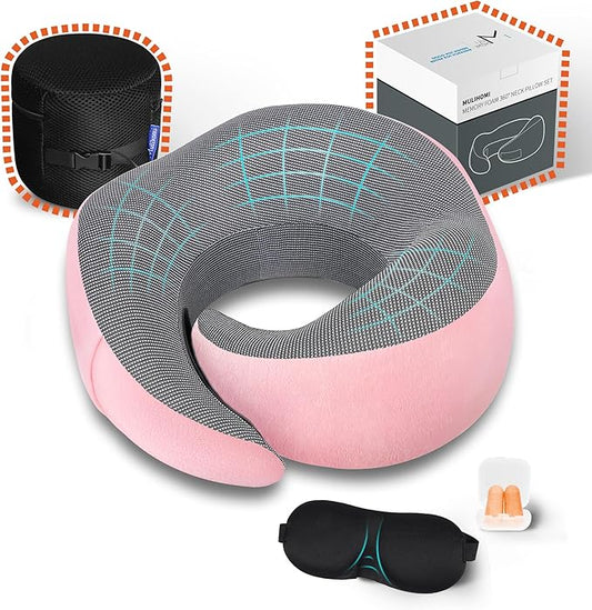 MULIHOMI™ New Packaging Updated Travel Pillow for Airplane with 100% Memory Foam, 360° Adjustable Full Surrounding Flying Neck Pillows, Travel Pillow Set with 3D Eye Masks, Earplugs (Pink)