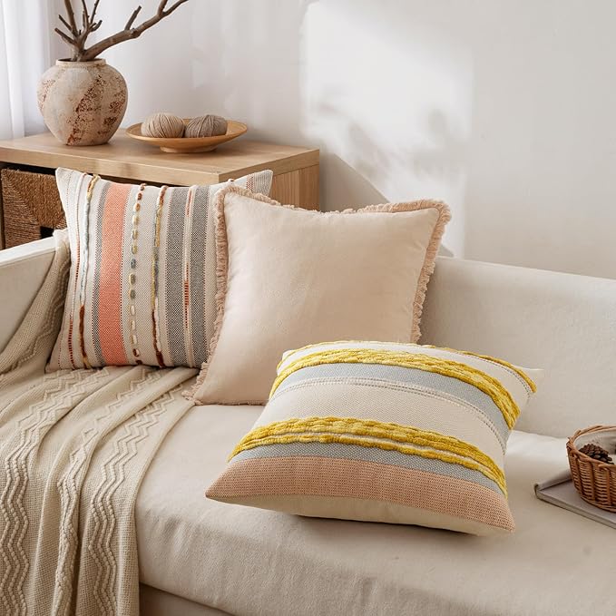 ANRODUO Pack of 2 Boho Decorative Throw Pillow Covers 18x18 Farmhouse Cushion Case Striped Chenille Pillow Cases Square Pillow Covers Accent Neutral Pillowcase for Sofa Couch Bed, Pink Stripe