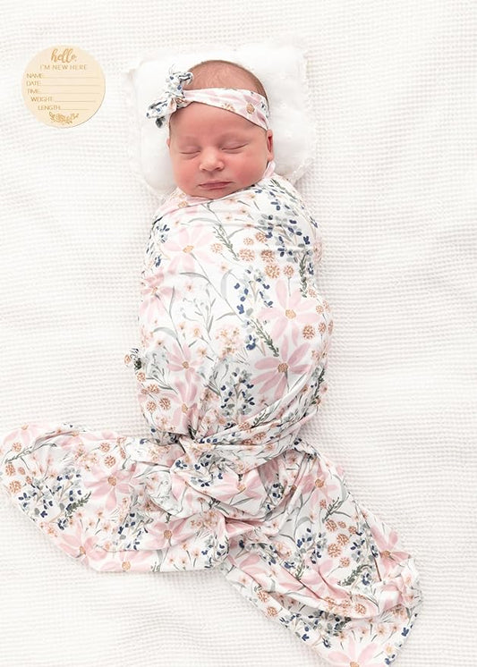 Newborn Baby Girl Receiving Blanket Swaddle Blanket Stretchy Knit Swaddle Set with Matching Headband and Beanie with a Name Card (Golden Floral)
