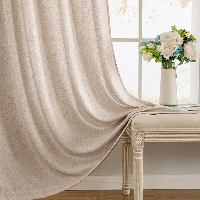 MIULEE Non-See-Through Privacy Linen Curtains 2 Panels, Light Filtering Window Curtains Farnhouse Textured Back Tab Semi Sheer Drapes for Bedroom Living Room, 52 x 108 Inches Long, Beige