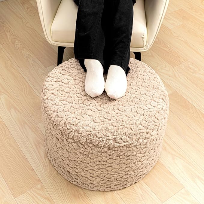 Round Pouf Ottoman Stuffed 20 x 20 x 14 Inches Boho Poof Foot Stool Home Decor Floor Pouffe Ottoman Foot Rest for Couch Sofa Bean Bag Chairs Living Room Bedroom (Light Coffee)