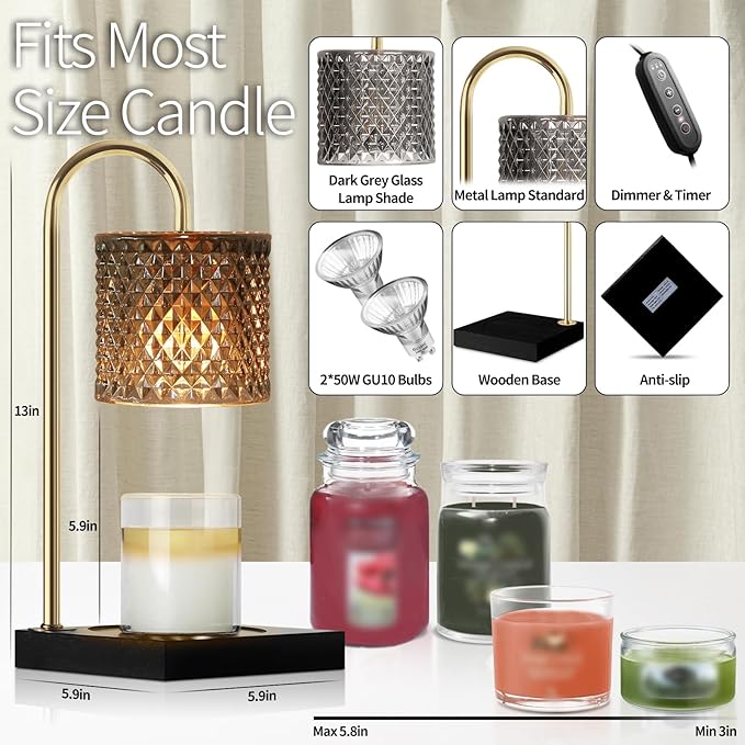 Candle Warmer Lamp, Candle Lamp Wax Warmer Heating Lamp, Timer & Dimmer 7-Levels, Fits Cup Jar Candles, Candle Top Melting, Crystal Candle Heater Lamp for Scented Wax, Elegant Home Decor, Black Glass