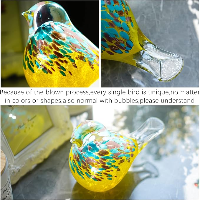 QFkris 6.5'' Blown Glass Bird Figurines Collectibles Multi-Colored Bird Statue Ornament Decor Crystal Animal Paperweight Gift